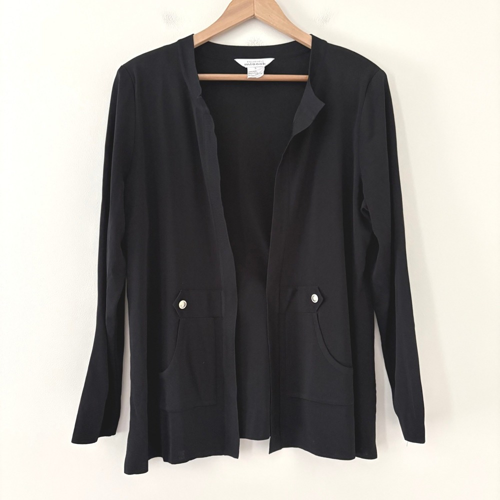 Misook Cardigan Large Black Open Front Shoulder Pads Pockets Knit